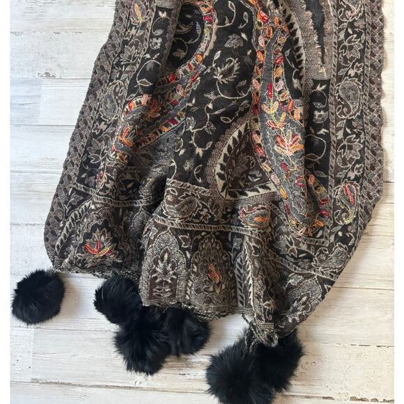 Gorgeous Blue Illusion large Wool Scarf with Fur Pom Poms - Picture 2 of 3